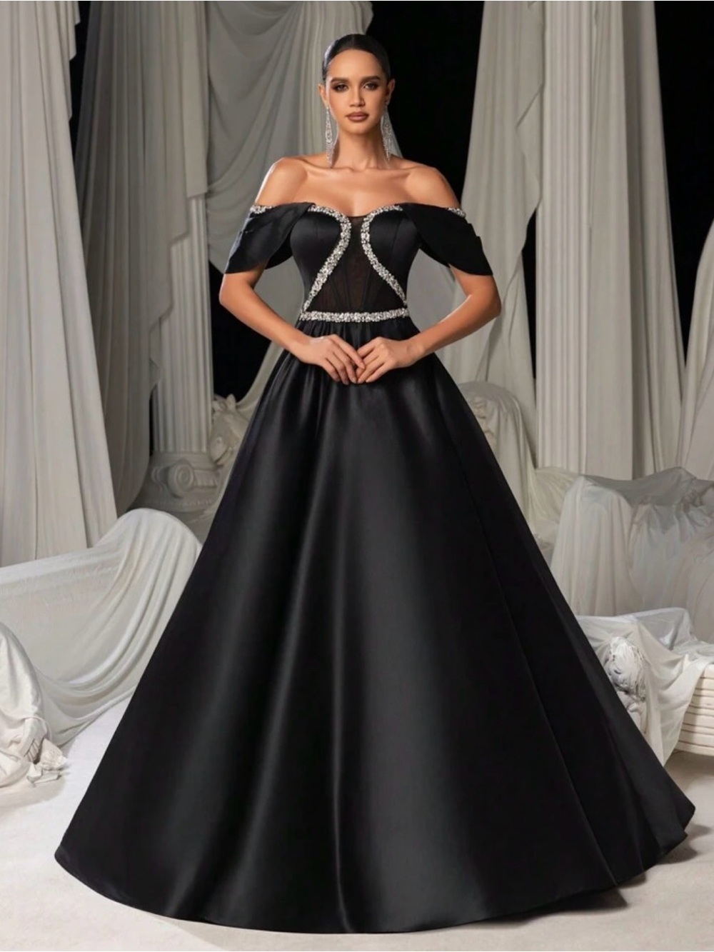 #64 Off-Shoulder Black Evening Gown with Crystal Trim- XL/Size 14